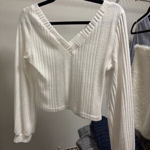 SHEIN Cream Ribbed V-Neck Blouse